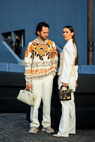 full white look, nude corset, white blazer, white pants, straight cut pants, white boots, buttoned corset, golden choker, black handbag, embroidered bag, floral jumper, knitwear, multicolor jumper, white jumper, white trousers, chunky shoes, grey shoes, white bag, menswear, fashion week, frenchystyle, FW, jonathan paciullo, street style, PFW, PARIS, FALL WINTER 2022-2023, AUTUMN WINTER 2022-2023, FW 22-23, full length, vertical