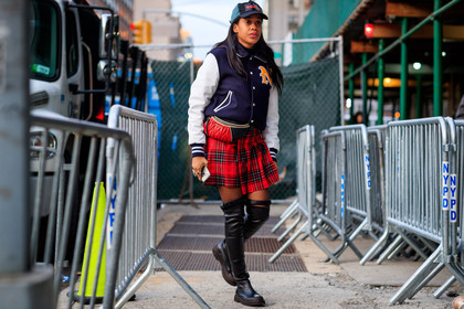 american, black cap, black shoes, checked, graphic jacket, graphic skirt, high boots, leather shoes, plaid, pleated skirt, printed jacket, printed skirt, red skirt, tartan, teddy jacket, street style, jonathan paciullo, FW, frenchystyle, fashion week, NYFW, NEW YORK, AUTUMN WINTER 2018-2019, AW 18-19, FALL WINTER 2018-2019, FW 18-19, atmosphere details, horizontal, full length, jan-michael quammie
