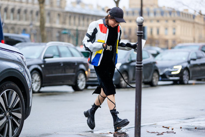 atmosphere details, AUTUMN WINTER 2017-2018, AW 17-18, black belt, black cap, black shoes, black skirt, black socks, FALL WINTER 2017-2018, fashion week, frenchystyle, full length, FW, FW 17-18, graphic jacket, horizontal, jonathan paciullo, leather shoes, multicolor jacket, PARIS, PFW, printed jacket, street style, white jacket