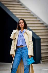 bag, beige coat, blue bag, blue denim, blue jean, blue shirt, coat, denim, Erika Boldrin, hermes bag, jean, kelly bag, shirt, small bag, striped shirt, stripes, street style, jonathan paciullo, FW, frenchystyle, fashion week, PFW, PARIS, SPRING SUMMER 2022, SS 22, vertical, atmosphere details