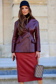 black hat, blazer, bordeaux, brown bag, burgundy, christian dior, graphic bag, leather bag, leather jacket, leather skirt, monogram, necklace, negin mirsalehi, printed bag, red jacket, red skirt, PARIS, PFW, street style, jonathan paciullo, FW, frenchystyle, fashion week, AUTUMN WINTER 2019-2020, AW 19-20, FALL WINTER 2019-2020, FW 19-20, vertical, atmosphere details, detail