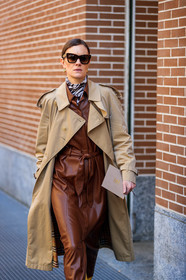 beige coat, brown dress, jo ellison, leather dress, sunglasses, trench coat, trousers, MILAN, MFW, fashion week, frenchystyle, FW, jonathan paciullo, street style, AUTUMN WINTER 2019-2020, AW 19-20, FALL WINTER 2019-2020, FW 19-20, vertical, atmosphere details, detail