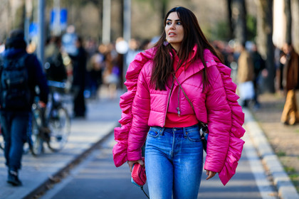 blue denim, denim pants, down jacket, fuschia, jeans, leather bag, pink bag, pink jacket, ruffles, trousers, MILAN, MFW, fashion week, frenchystyle, FW, jonathan paciullo, street style, AUTUMN WINTER 2019-2020, AW 19-20, FALL WINTER 2019-2020, FW 19-20, atmosphere details, detail, horizontal