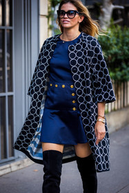 black boots, black coat, black sunglasses, boots, coat, dress, gold watch, navy dress, print, printed coat, sunglasses, watch, white coat, fashion week, frenchystyle, FW, jonathan paciullo, street style, PFW, PARIS, SPRING SUMMER 2022, SS 22, vertical, atmosphere details
