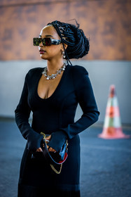 bag, black bag, black dress, black sunglasses, dress, necklace, Rimon, silver necklace, sunglasses, street style, jonathan paciullo, FW, frenchystyle, fashion week, PFW, PARIS, SPRING SUMMER 2022, SS 22, vertical, atmosphere details