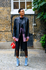 black jacket, black pants, blue denim, check shirt, denim boots, denim shoes, donna wallace, fashion week, frenchystyle, full length, FW, gingham, graphic shirt, high heels, jonathan paciullo, lace pants, leather bag, leather jacket, LFW, LONDON, louis vuitton, plaid, red bag, red shirt, SPRING SUMMER 2017, SS 17, street style, trousers, vertical, woman