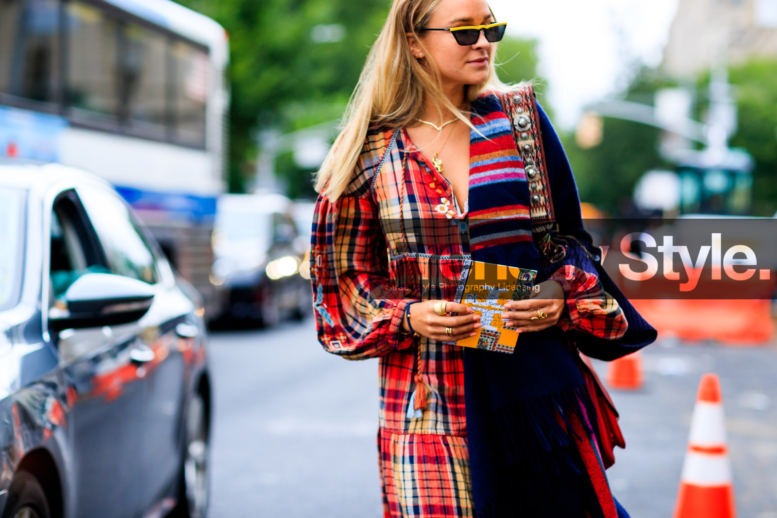 checked, graphic dress, leather bag, multicolor dress, plaid, printed dress, sunglasses, fashion week, frenchystyle, FW, jonathan paciullo, street style, NYFW, NEW YORK, SPRING SUMMER 2019, SS 19, atmosphere details, horizontal, detail