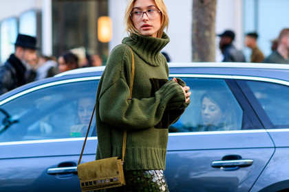 atmosphere details, AUTUMN WINTER 2017-2018, AW 17-18, balwin, detail, FALL WINTER 2017-2018, fashion week, frenchystyle, FW, FW 17-18, glitter, green bag, green skirt, green sweater, hailey baldwin, horizontal, jonathan paciullo, leather bag, PARIS, PFW, sequined skirt, street style, suede bag