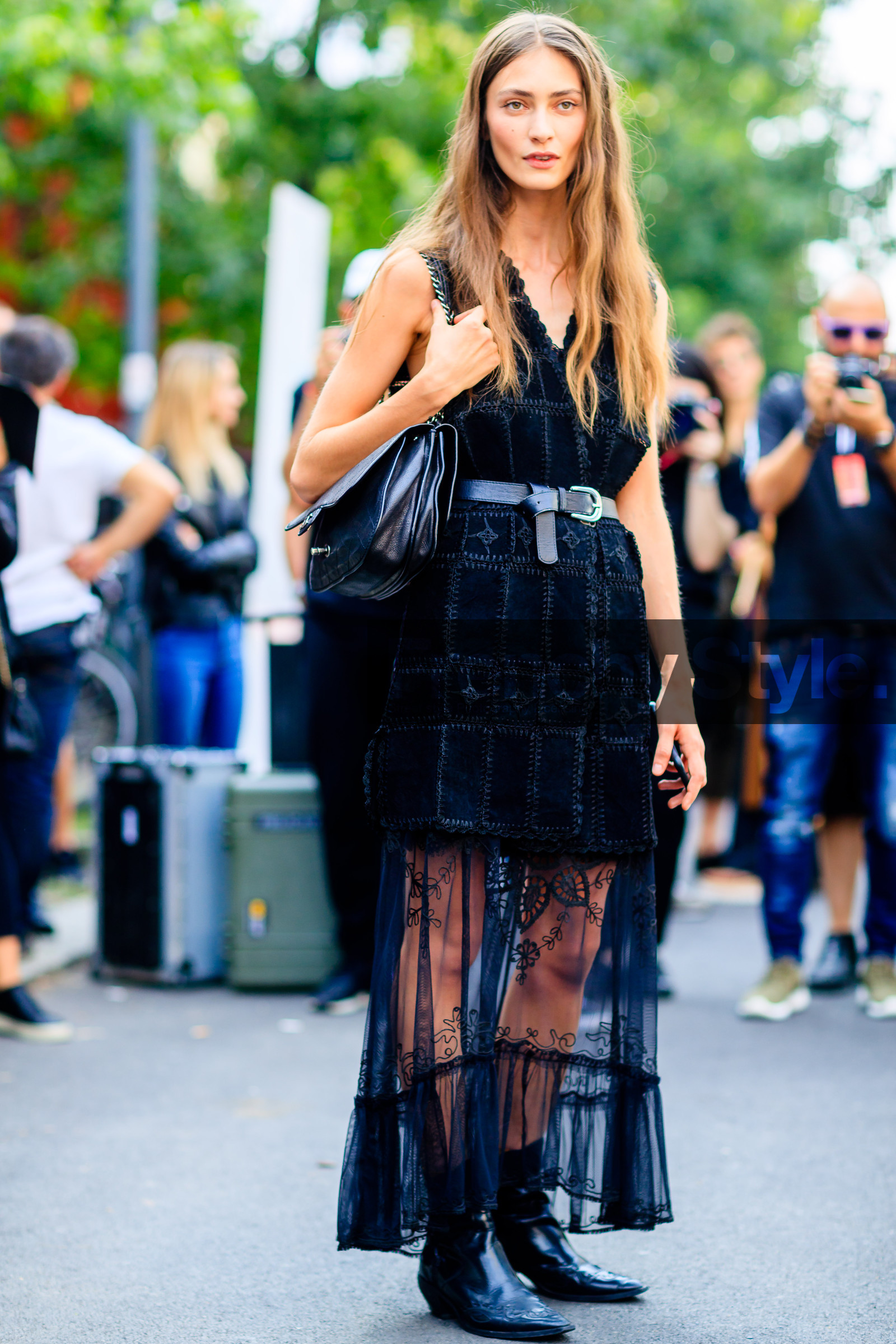 black bag, black belt, black boots, black dress, chanel, embroidered dress, fashion week, frenchystyle, full length, FW, jonathan paciullo, lace, leather bag, leather belt, leather dress, leather shoes, marine deleeuw, MFW, MILAN, model, see through, SPRING SUMMER 2017, SS 17, street style, suede dress, vertical