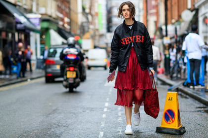 atmosphere details, black jacket, bomber jacket, fashion week, frenchystyle, full length, FW, horizontal, jonathan paciullo, leather sneakers, LFW, LONDON, pleated dress, red dress, SPRING SUMMER 2017, SS 17, street style, velvet, white sneakers, woman