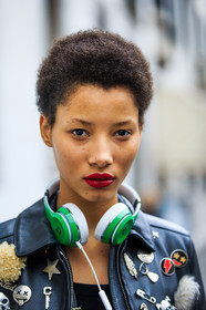 AUTUMN WINTER 2016-2017, AW 16-17, beats, black jacket, black perfecto, cartoon, coach, curly hair, drawings, embroidered jacket, embroideries, FALL WINTER 2016-2017, fashion week, frenchystyle, FW, FW 16-17, headphones, jonathan paciullo, leather jacket, leather perfecto, LFW, lineisy montero, LONDON, MENSWEAR, model, natural, pins, portrait, red lips, safety pin, short hair, skincare, stars, street style, vertical