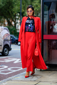 black t shirt, doina ciobanu, fashion week, frenchystyle, full length, FW, high heels, jonathan paciullo, leather bag, leather shoes, LFW, LONDON, over the shoulder, printed t shirt, red bag, red bandana, red coat, red pants, red shoes, SPRING SUMMER 2017, SS 17, street style, sunglasses, trousers, vertical, woman