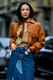 beige shirt, blue denim, brown sweater, camel jacket, denim skirt, graphic skirt, leather jacket, printed skirt, yoyo cao, MILAN, MFW, fashion week, frenchystyle, FW, jonathan paciullo, street style, AUTUMN WINTER 2019-2020, AW 19-20, FALL WINTER 2019-2020, FW 19-20, vertical, atmosphere details, detail