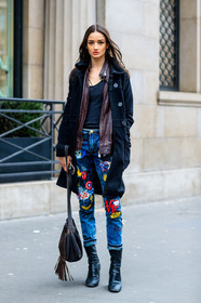 black boots, black coat, black shoes, blue denim, brown bag, brown jacket, cartoon, denim pants, drawings, embroidered jeans, jeans, leather bag, leather jacket, leather shoes, patchwork, trousers, fashion week, frenchystyle, FW, jonathan paciullo, street style, PFW, PARIS, SPRING SUMMER 2017, SS 17, HAUTE COUTURE, vertical, full length, model