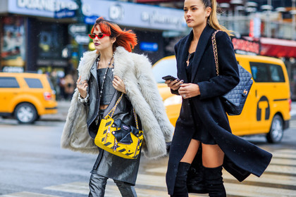 2.55 bag, atmosphere details, AUTUMN WINTER 2016-2017, AW 16-17, black bag, black boots, black coat, chanel, detail, dyed hair, fashion week, frenchystyle, fun bag, fur coat, fur jacket, FW, FW 16-17, group of people, high boots, horizontal, jonathan paciullo, leather bag, leather boots, long coat, long hair, metallic, moschino, NEW YORK, NYFW, overcoat, ponytail, silver coat, silver jacket, silver pants, street style, suede shoes, tone on tone, total look black, trousers, white fur, white jacket, woman, yellow bag