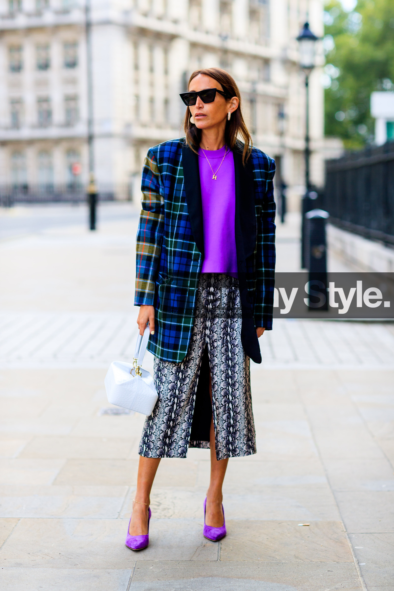blazer, blue jacket, checked, chloe loulou de saison, graphic jacket, graphic skirt, grey skirt, high heels, leather bag, leather shoes, plaid, printed jacket, printed skirt, purple shoes, purple sweater, rejina pyo, sunglasses, tartan, white bag, fashion week, frenchystyle, FW, jonathan paciullo, street style, LFW, LONDON, SPRING SUMMER 2019, SS 19, vertical, full length