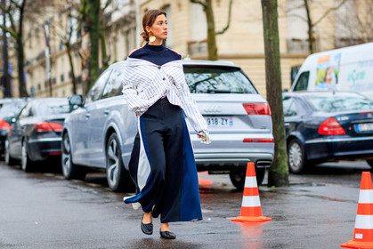 atmosphere details, AUTUMN WINTER 2017-2018, AW 17-18, black ballerinas, black shoes, black top, earrings, FALL WINTER 2017-2018, fashion week, frenchystyle, full length, FW, FW 17-18, horizontal, jonathan paciullo, leather shoes, navy pants, off the shoulder, open back, PARIS, PFW, pleated pants, printed shirt, street style, striped shirt, sylvia haghjoo, trousers, white shirt, wide pants