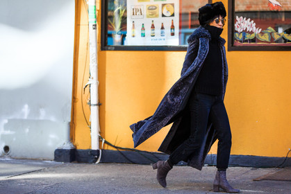 atmosphere details, AUTUMN WINTER 2016-2017, AW 16-17, black coat, black denim, black hat, black knit, chapka, denim pants, eva chen, fashion week, frenchystyle, full length, fur collar, fur hat, FW, FW 16-17, horizontal, jeans, jonathan paciullo, long coat, NEW YORK, NYFW, purple boots, purple coat, purple fur, street style, suede shoes, trousers, turtleneck sweater, woman