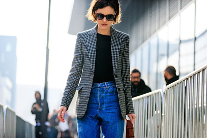atmosphere details, AUTUMN WINTER 2017-2018, AW 17-18, black top, blazer, blue denim, brown bag, checked jacket, denim pants, detail, FALL WINTER 2017-2018, fashion week, frenchystyle, FW, FW 17-18, graphic jacket, horizontal, jeans, jo ellison, jonathan paciullo, MFW, MILAN, plaid, printed jacket, street style, sunglasses, trousers