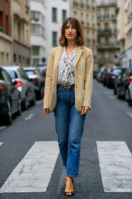 jeanne damas, light beige jacket, velvet jacket, corduroy jacket, white blouse, lavalliere collar, monogrammed blouse, silk blouse, blue jeans, red leather belt, belted pants, PARIS, PFW, SPRING SUMMER 2020, SS 20, fashion week, frenchystyle, FW, jonathan paciullo, street style, vertical, full length