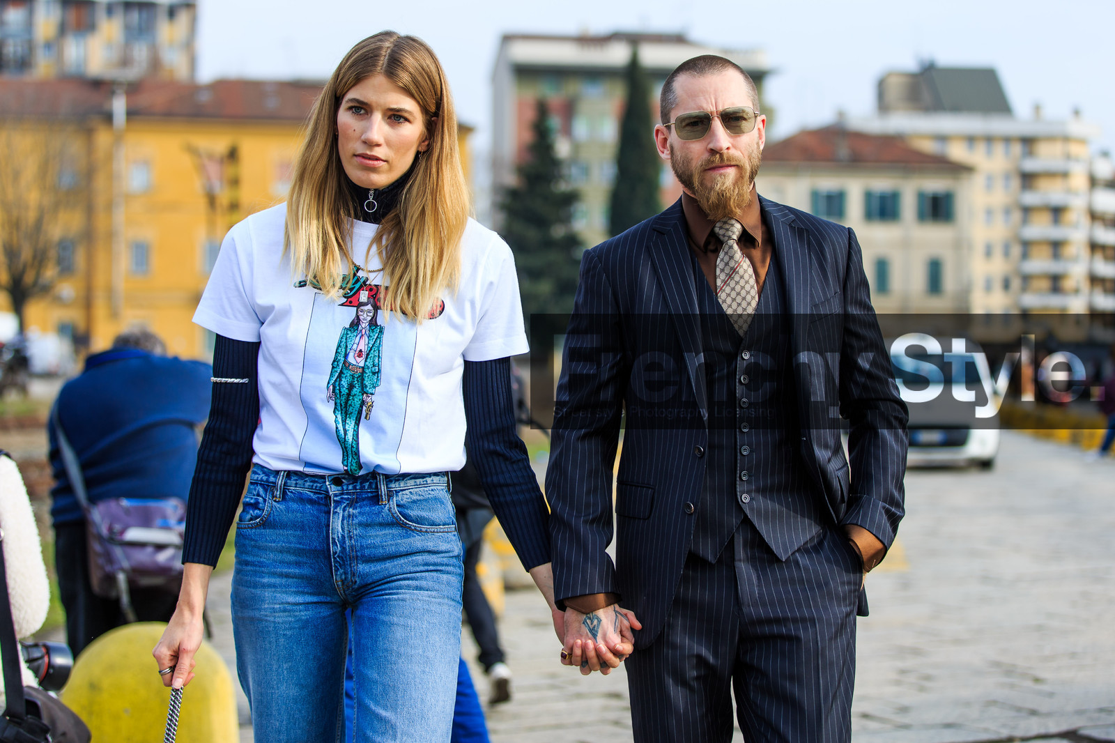 atmosphere details, AUTUMN WINTER 2016-2017, AW 16-17, black turtleneck, blue denim, blue suit, brown shirt, brown tie, denim pants, detail, FALL WINTER 2016-2017, fashion week, frenchystyle, FW, FW 16-17, horizontal, jeans, jonathan paciullo, justin o'shea, LFW, LONDON, long hair, MENSWEAR, navy suit, printed t shirt, street style, striped suit, sunglasses, trousers, veronika heilbrunner, vest, white t shirt, zip