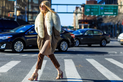 Adi Heyman, atmosphere details, AUTUMN WINTER 2016-2017, AW 16-17, brown dress, brown jacket, brown pants, brown sandals, camel pants, fashion week, frenchystyle, full length, fur collar, FW, FW 16-17, horizontal, jonathan paciullo, leather jacket, leather pants, mules, natural fur, NEW YORK, NYFW, ray ban, silk dress, street style, sunglasses, tone on tone, total look brown, white fur, woman