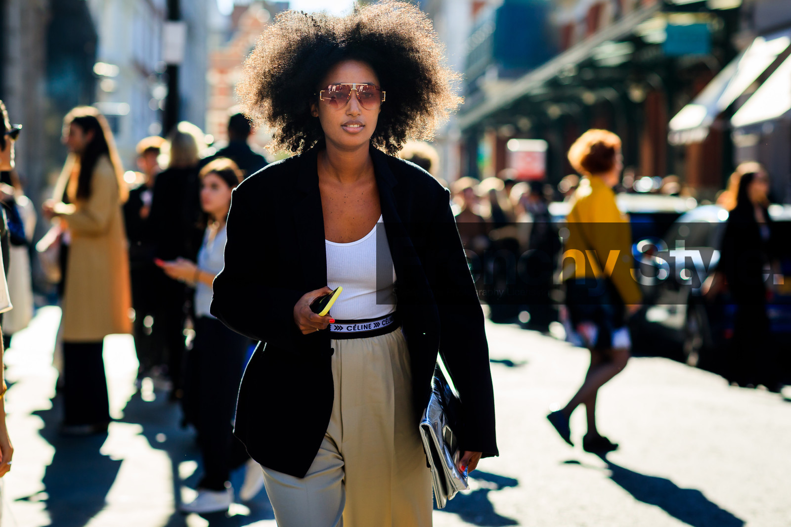 beige pants, black jacket, blazer, julia sarr jamois, julia sarr-jamois, leather bag, silver bag, trousers, white tank top, fashion week, frenchystyle, FW, jonathan paciullo, street style, LFW, LONDON, SPRING SUMMER 2019, SS 19, atmosphere details, horizontal, detail
