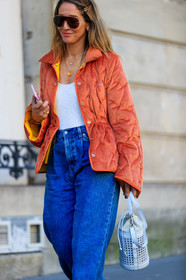 blue denim, corduroy, denim pants, jeans, leather bag, necklace, orange jacket, sunglasses, tiany kiriloff, trousers, white bag, white top, PARIS, PFW, street style, jonathan paciullo, FW, frenchystyle, fashion week, AUTUMN WINTER 2019-2020, AW 19-20, FALL WINTER 2019-2020, FW 19-20, vertical, atmosphere details, detail