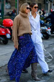 beige sweater, black sneakers, blue skirt, floral, flowers, graphic skirt, grey boots, high boots, high heels, leather shoes, printed skirt, sportmax, sunglasses, turtleneck sweater, white bag, white pants, white shirt, MILAN, MFW, fashion week, frenchystyle, FW, jonathan paciullo, street style, AUTUMN WINTER 2019-2020, AW 19-20, FALL WINTER 2019-2020, FW 19-20, vertical, full length
