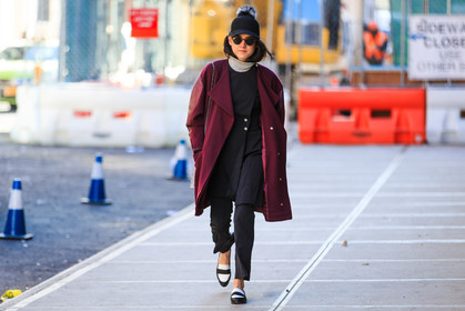 atmosphere details, AUTUMN WINTER 2016-2017, AW 16-17, black and white loafers, black dress, black hat, black pants, bordeaux, burgundy, FALL WINTER 2016-2017, fashion week, frenchystyle, full length, FW, FW 16-17, horizontal, jonathan paciullo, leather shoes, loafers, NEW YORK, NYFW, pompons, red coat, street style, sunglasses, trousers, woman