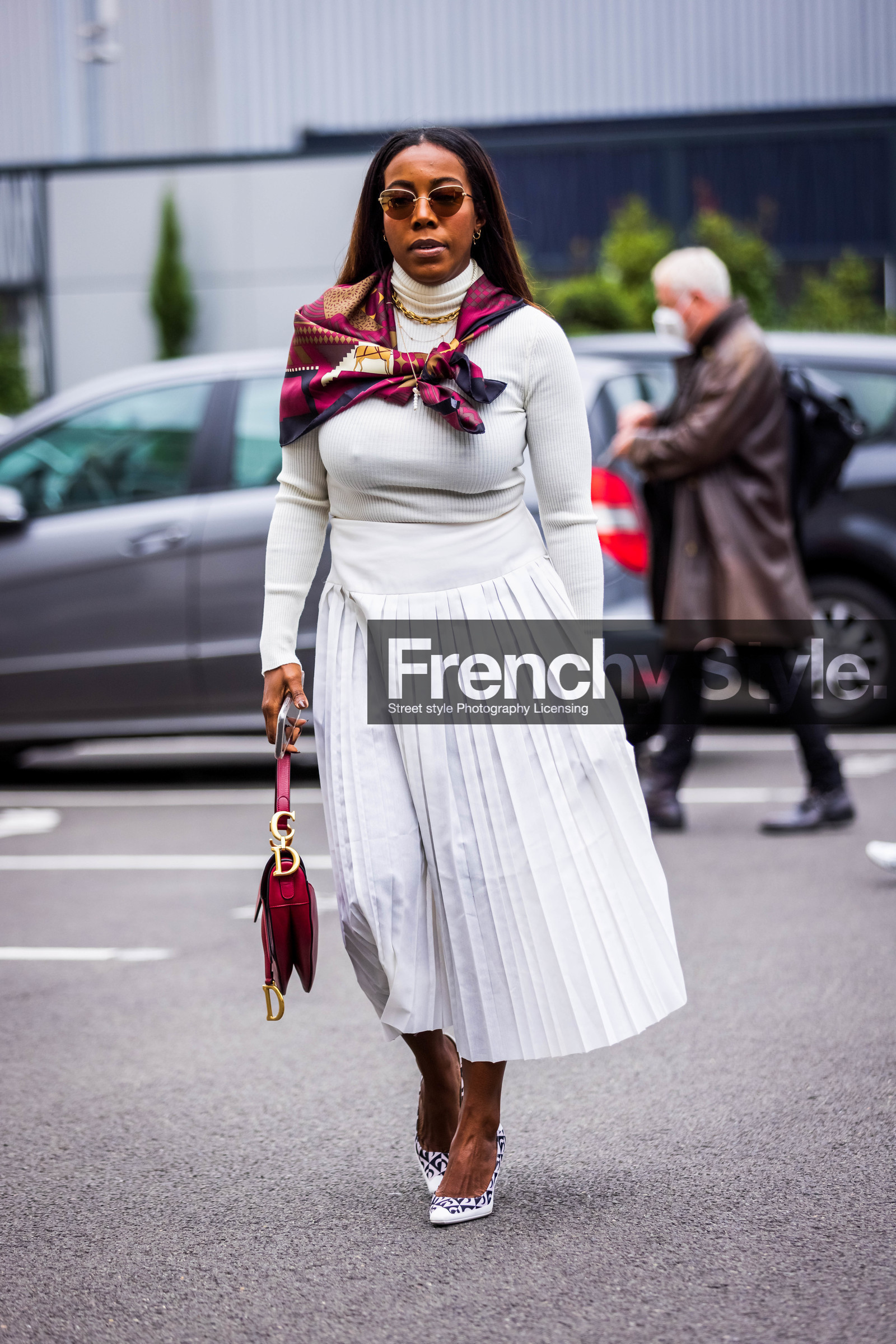 dior bag, ecru skirt, ecru turtleneck, gold chain, gold necklace, knitwear, leather bag, long skirt, pink scarf, pleated skirt, printed scarf, red bag, saddle bag, scarf, skirt, sunglasses, Tiffany Reid, turtleneck, white skirt, PARIS, PFW, fashion week, frenchystyle, FW, jonathan paciullo, street style, SPRING SUMMER 2022, SS 22, vertical, full length