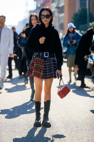 yoyo cao, mini skirt, pleated skirt, checked skirt, black leather belt, black hoodie, black leather boots, red leather bag, multicolor skirt, big strap bag, flat boots, prada boots, big sole boots, laced boots, fashion week, frenchystyle, FW, jonathan paciullo, street style, MFW, MILAN, AUTUMN WINTER 2020-2021, FALL WINTER 2020-2021, FW 20-21, vertical, full length