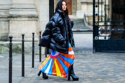 balenciaga, black jacket, down jacket, graphic skirt, multicolor skirt, printed skirt, sequined skirt, shiny skirt, oversize, glitter, high heels, black boots, leather shoes, fashion week, frenchystyle, FW, jonathan paciullo, street style, PFW, PARIS, SPRING SUMMER 2017, SS 17, HAUTE COUTURE, atmosphere details, full length, horizontal, tina leung