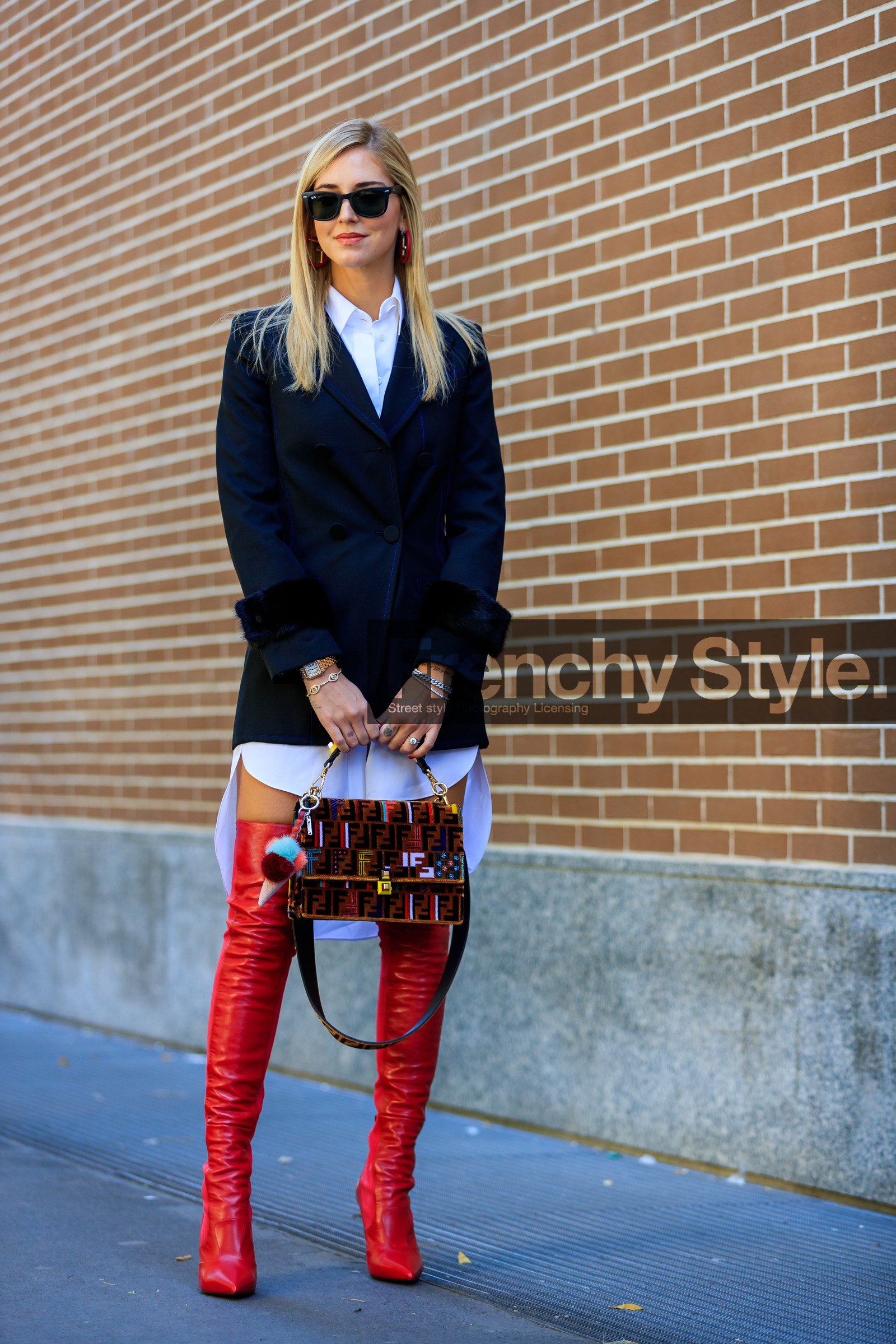 black jacket, blazer, chiara ferragni, fashion week, fendi, frenchystyle, full length, FW, graphic bag, high boots, high heels, jonathan paciullo, leather bag, leather shoes, MFW, MILAN, printed bag, red bag, red shoes, shirt dress, SPRING SUMMER 2018, SS 18, street style, sunglasses, vertical, white shirt