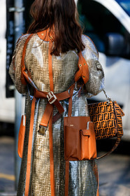 brown bag, brown coat, fendi, graphic bag, graphic jacket, leather bag, monogram, printed bag, printed jacket, transparent coat, MILAN, MFW, fashion week, frenchystyle, FW, jonathan paciullo, street style, AUTUMN WINTER 2019-2020, AW 19-20, FALL WINTER 2019-2020, FW 19-20, vertical, atmosphere details, detail