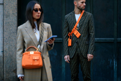 alice & j.s, beige coat, checked, fendi, graphic jacket, leather bag, orange bag, plaid, printed jacket, sunglasses, MILAN, MFW, fashion week, frenchystyle, FW, jonathan paciullo, street style, AUTUMN WINTER 2019-2020, AW 19-20, FALL WINTER 2019-2020, FW 19-20, atmosphere details, detail, horizontal