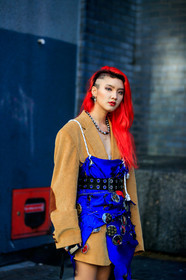 black belt, blazer, blue dress, camel jacket, corduroy, dyed hair, earrings, graphic dress, necklace, printed dress, red hair, red lips, shaved head, studs, fashion week, frenchystyle, FW, jonathan paciullo, street style, LFW, LONDON, AUTUMN WINTER 2019-2020, AW 19-20, FW 19-20, FALL WINTER 2019-2020, vertical, atmosphere details, detail