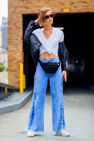 black bag, black jacket, black perfecto, blue denim, denim pants, fanny pack, fashion week, frenchystyle, full length, FW, jeans, jonathan paciullo, leather bag, leather jacket, leather perfecto, leather shoes, leather sneakers, model, NEW YORK, nike, NYFW, off the shoulder, SPRING SUMMER 2018, SS 18, street style, sunglasses, trousers, vertical, white sneakers, white t shirt