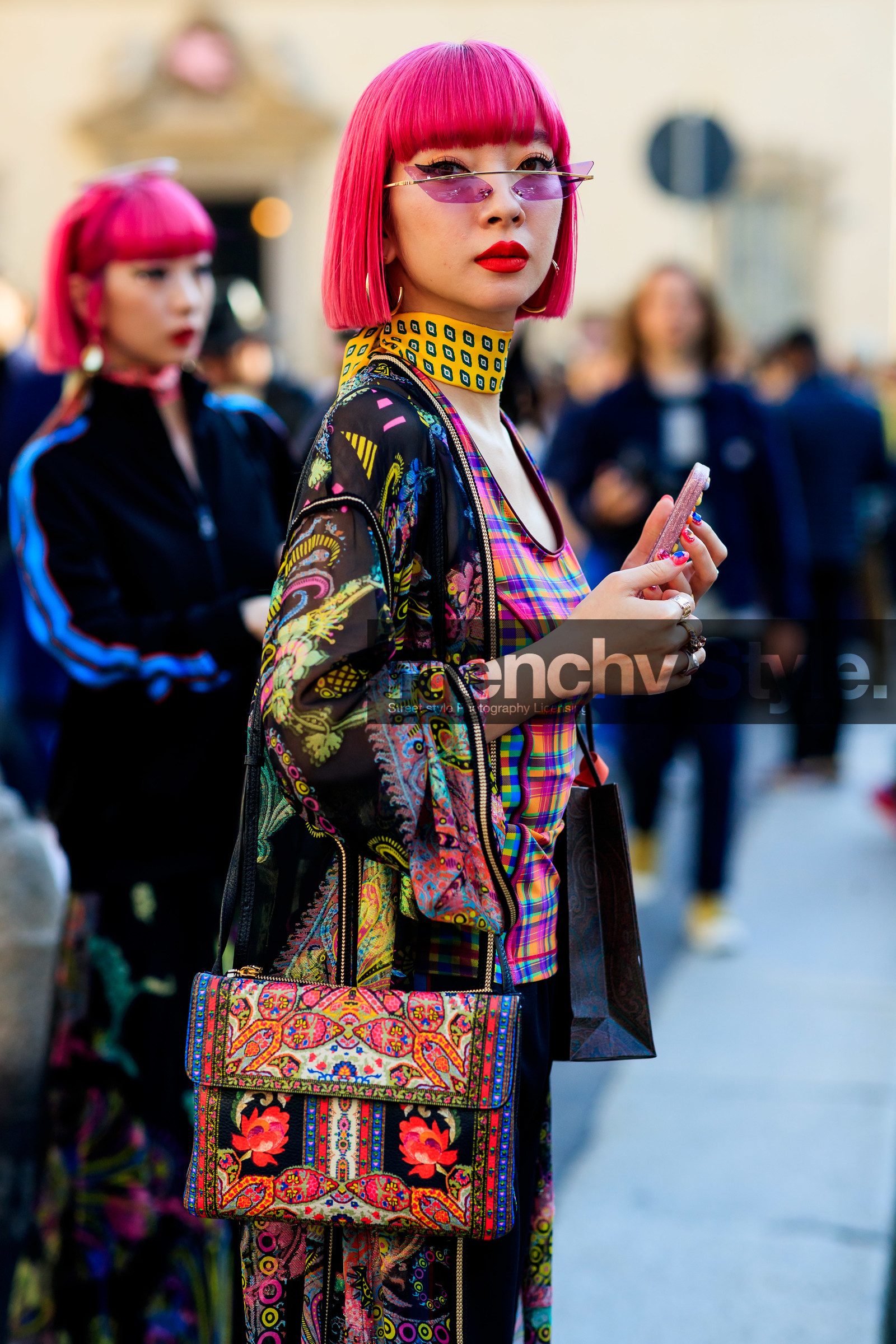 Ami and Aya Suzuki, choker, dyed hair, etro, graphic bag, graphic jacket, leather bag, multicolor bag, multicolor jacket, pink hair, printed bag, printed jacket, red lips, rings, sunglasses, yellow scarf, MILAN, MFW, fashion week, frenchystyle, FW, jonathan paciullo, street style, AUTUMN WINTER 2019-2020, AW 19-20, FALL WINTER 2019-2020, FW 19-20, vertical, atmosphere details, detail