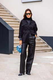bag, black and white, black boots, black pants, black shirt, black sunglasses, blue bag, boots, check, checked knitwear, flare pants, Gala Gonzalez, hermes bag, hermes look, kelly bag, leather pants, shirt, sunglasses, PARIS, PFW, fashion week, frenchystyle, FW, jonathan paciullo, street style, SPRING SUMMER 2022, SS 22, vertical, full length