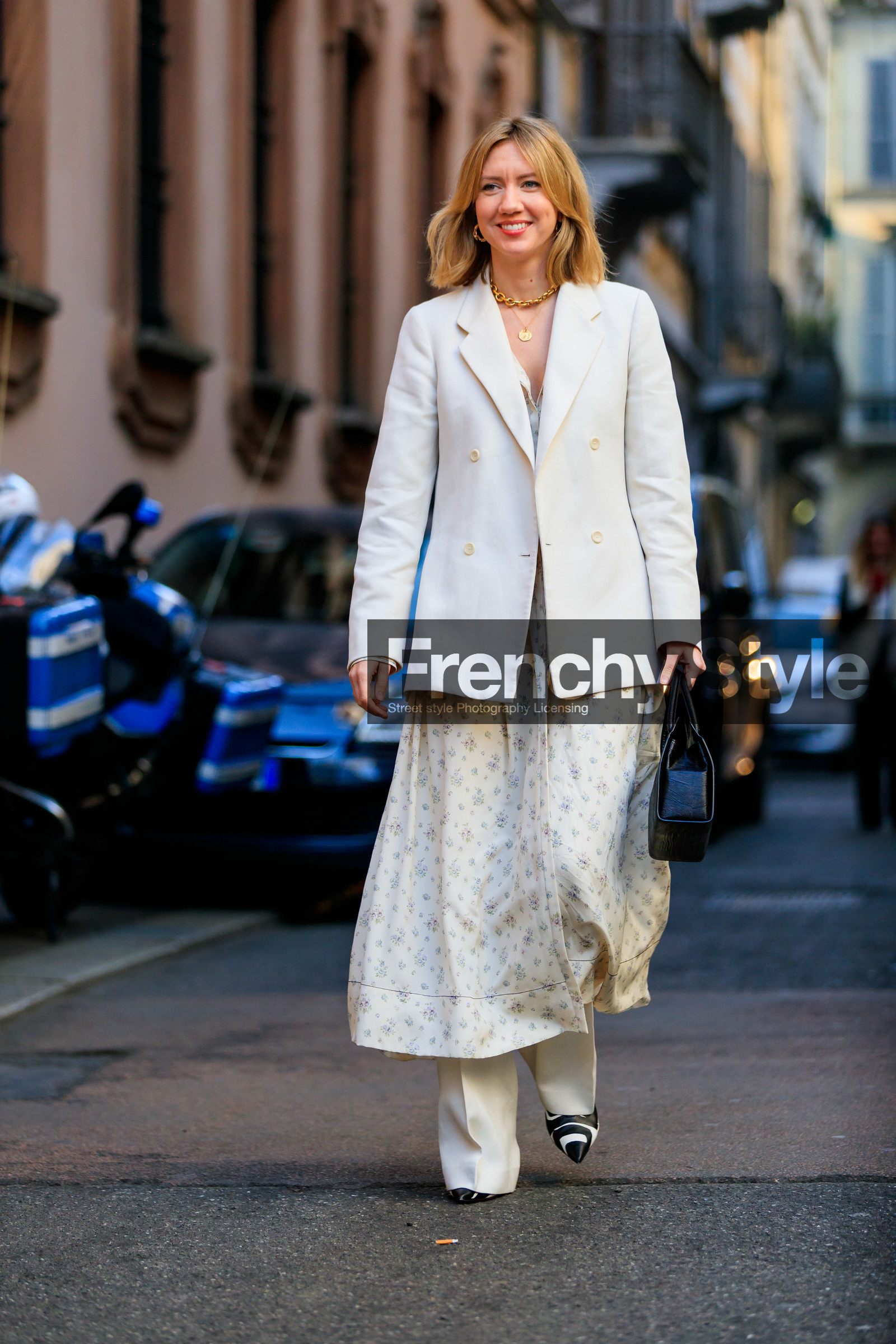 black and white shoes, black bag, blazer, graphic skirt, leather bag, lisa aiken, printed skirt, white dress, white jacket, white pants, MILAN, MFW, fashion week, frenchystyle, FW, jonathan paciullo, street style, AUTUMN WINTER 2019-2020, AW 19-20, FALL WINTER 2019-2020, FW 19-20, vertical, full length