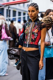black pants, black top, dots, floral print, flower, pants, patchwork top, pink print, printed top, red top, top, street style, jonathan paciullo, FW, frenchystyle, fashion week, PFW, PARIS, SPRING SUMMER 2022, SS 22, vertical, atmosphere details, model