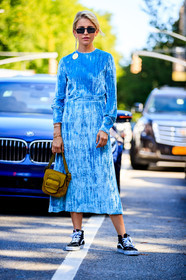 black sneakers, blue dress, caro daur, earrings, fashion week, frenchystyle, full length, FW, jonathan paciullo, leather bag, long dress, NEW YORK, NYFW, SPRING SUMMER 2018, SS 18, street style, sunglasses, vans, velvet, vertical, yellow bag