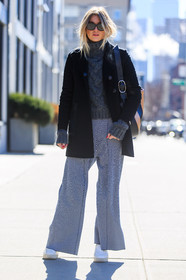 AUTUMN WINTER 2016-2017, AW 16-17, beige bag, black bag, black coat, black jacket, blue pants, camel bag, camille charriere, embroidered pants, fashion week, frenchystyle, full length, FW, FW 16-17, grey knit, grey sweater, jonathan paciullo, leather bag, leather shoes, leather sli, leather sneakers, NEW YORK, NYFW, printed pants, street style, striped bag, sunglasses, vertical, white slippers, wide pants, woman