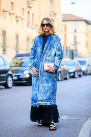 AUTUMN WINTER 2017-2018, AW 17-18, black dress, black sandals, black shoes, blue denim, candela novembre, denim coat, FALL WINTER 2017-2018, fashion week, frenchystyle, full length, FW, FW 17-18, jonathan paciullo, lace dress, leather bag, leather shoes, long coat, MFW, MILAN, pink bag, street style, sunglasses, vertical