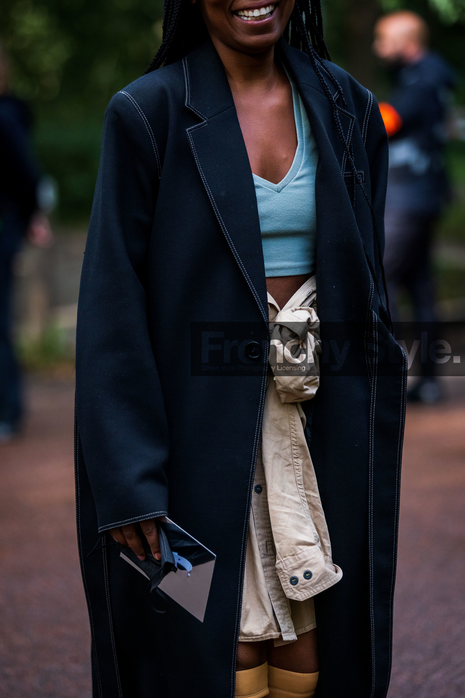 beige skirt, black coat, blue crop top, coat, crop top, Rajni Lucienne Jacques, skirt, street style, jonathan paciullo, FW, frenchystyle, fashion week, PFW, PARIS, SPRING SUMMER 2022, SS 22, vertical, atmosphere details