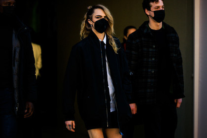 black mask, black jacket, dior, black shirt, black tie, mini skirt, black skirt, fashion week, frenchystyle, FW, jonathan paciullo, street style, PARIS, PFW, SPRING SUMMER 2022, SS 22, atmosphere details, detail, horizontal, cara delevingne