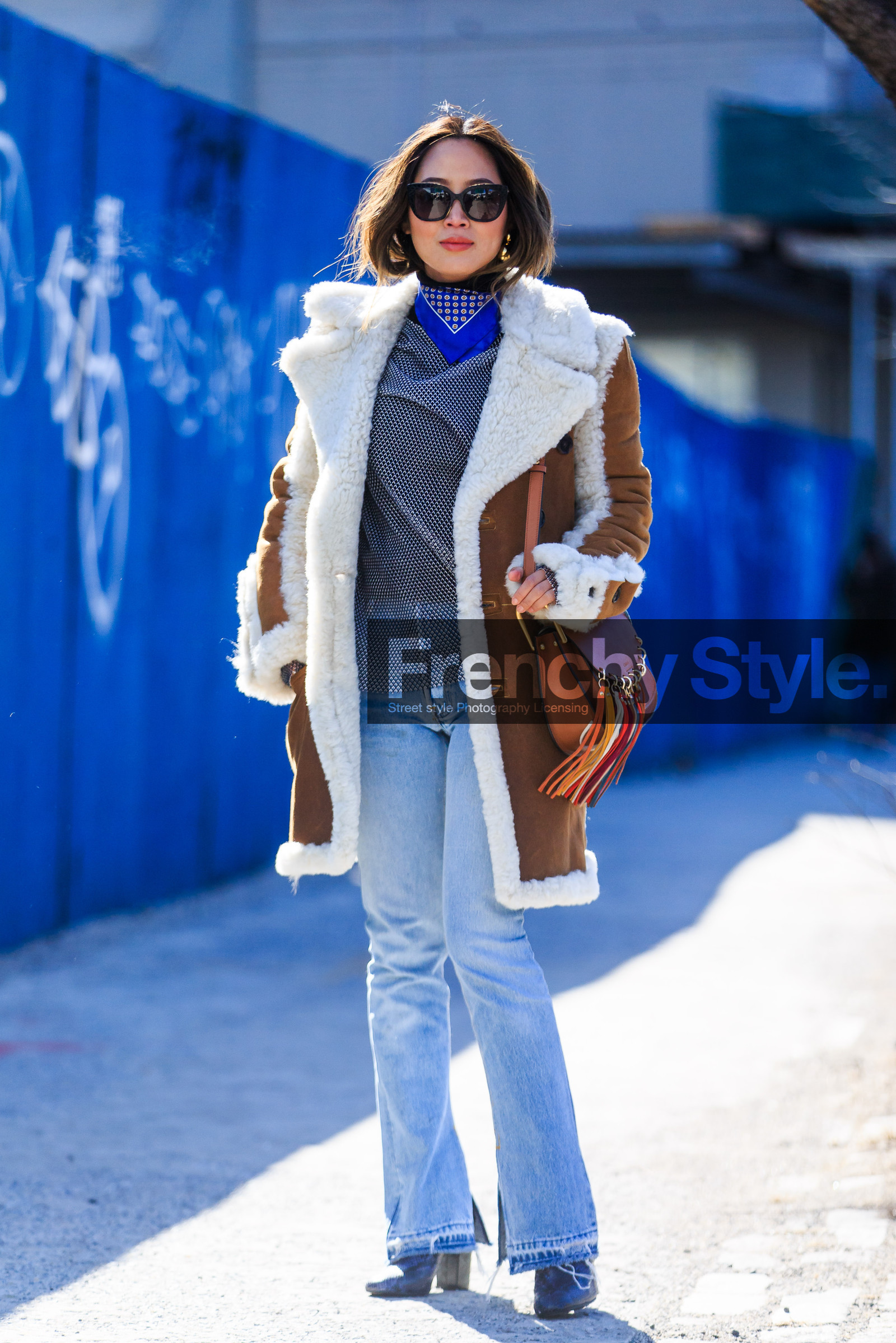 aimee song, AUTUMN WINTER 2016-2017, AW 16-17, blue denim, blue scarf, brown bag, brown jacket, camel bag, camel jacket, chloe, denim pants, fashion week, frenchystyle, fringes, full length, fur collar, FW, FW 16-17, jeans, jonathan paciullo, leather bag, leather jacket, NEW YORK, NYFW, pompons, shearling, sheep fur, street style, suede jacket, sunglasses, trousers, vertical, white fur, woman