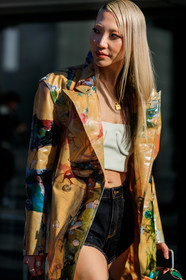 blue denim, crop top, denim shorts, dyed hair, graphic jacket, leather coat, model, multicolor jacket, necklace, orseund iris, printed jacket, soo joo park, white top, PARIS, PFW, street style, jonathan paciullo, FW, frenchystyle, fashion week, AUTUMN WINTER 2019-2020, AW 19-20, FALL WINTER 2019-2020, FW 19-20, vertical, atmosphere details, detail