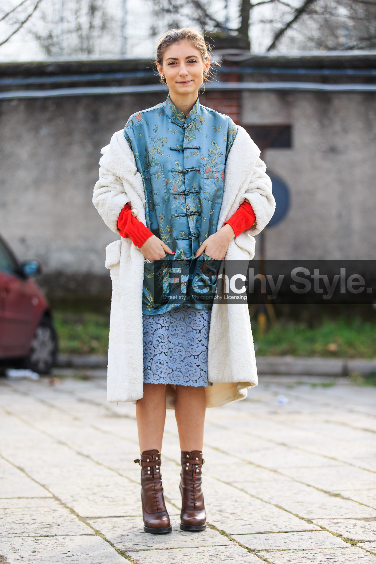 AUTUMN WINTER 2016-2017, AW 16-17, blue jacket, blue skirt, brown boots, chinese print, FALL WINTER 2016-2017, fashion week, frenchystyle, full length, FW, FW 16-17, high heels, jenny walton, jonathan paciullo, lace skirt, lace up shoes, leather boots, LFW, LONDON, MENSWEAR, off the shoulder, satin, street style, vertical, white coat